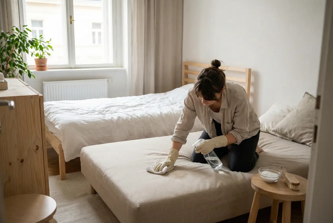 How to clean a mattress safely Čištění matrace v ložnici - ruce v rukavicích jemně čistí skvrnu na světlé matraci