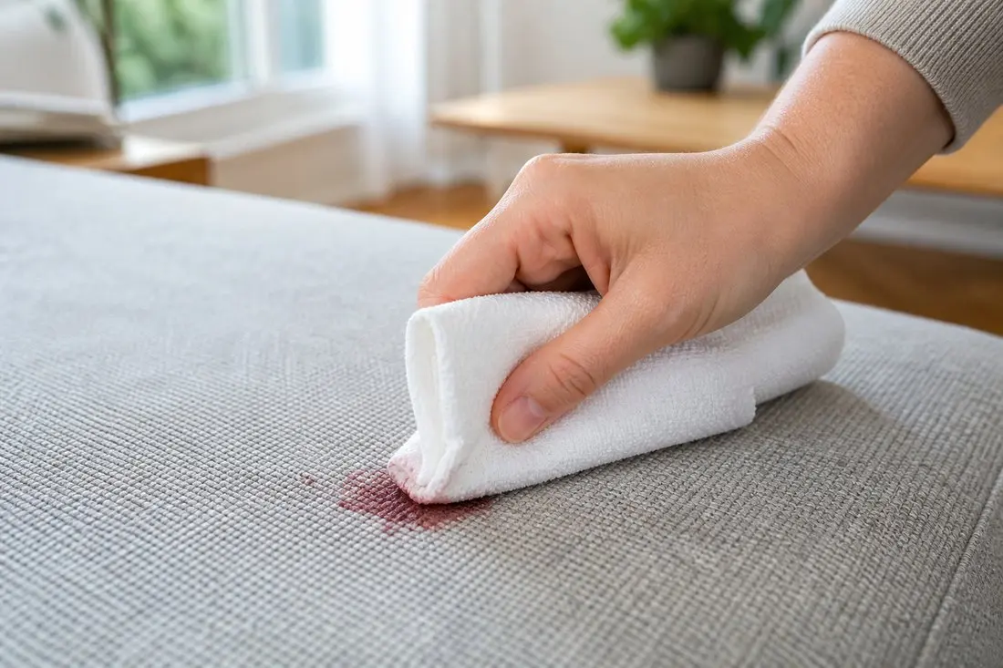Odsávání čerstvé skvrny bílou utěrkou bez drhnutí látkového potahu