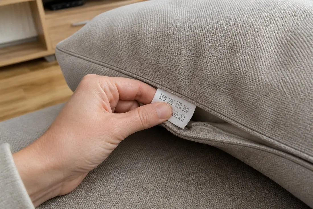Detail ruky hledající výrobní štítek pod sedákem látkové sedačky