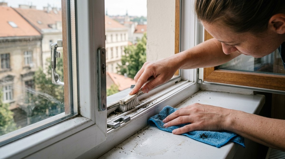 Čištění okenního rámu, kolejničky a rohů parapetu, kde se drží pyl nejdéle
