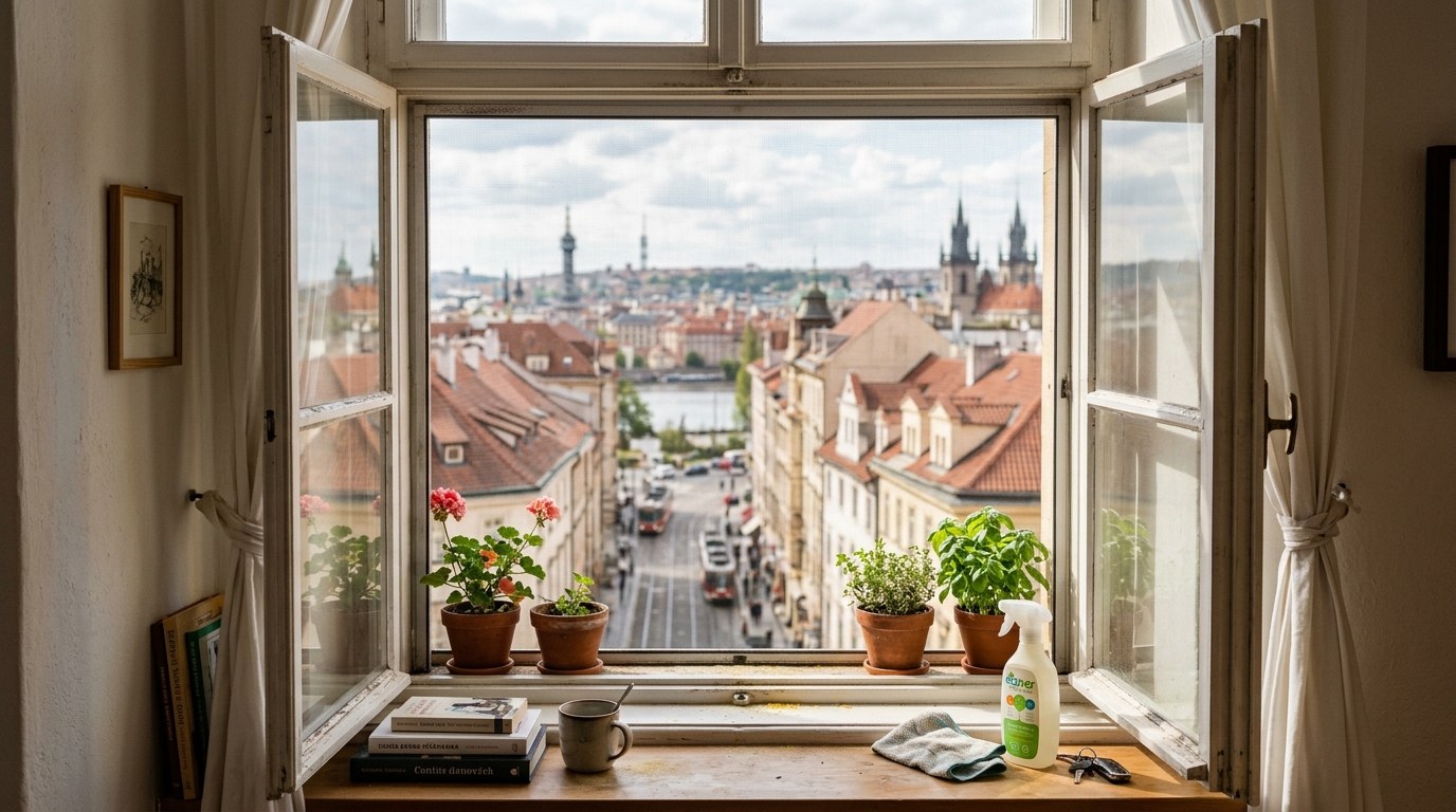 Unified window-maintenance scene with sill, screen/window context and cleaning supplies. No visible watermark; only minor generic bottle-label detail, not branding. Strong cover fit for post-pollen-season home cleaning.