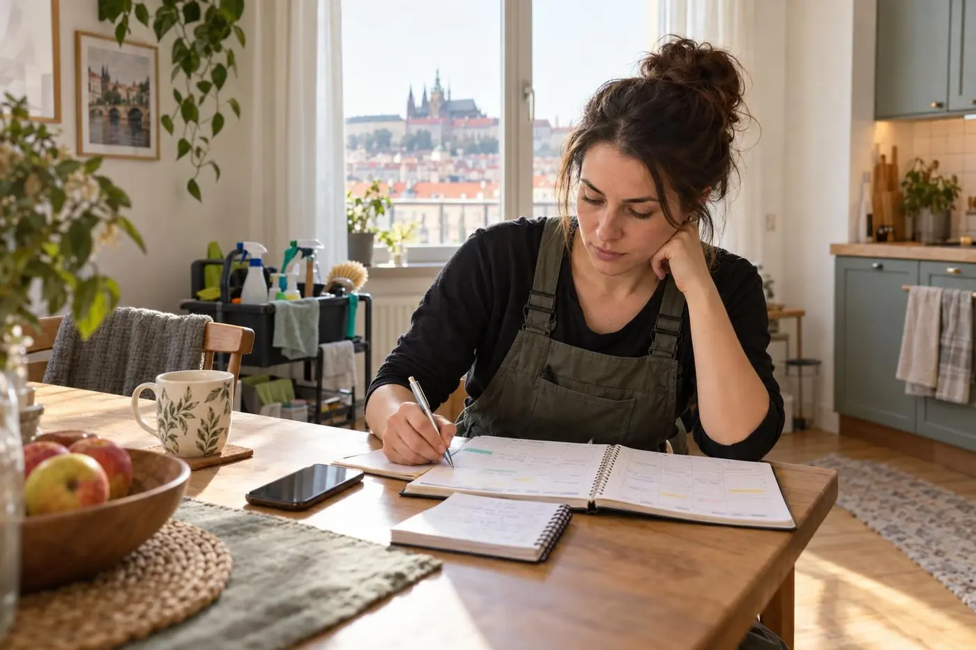 Samostatná uklízečka zapisuje první pravidelné zakázky do měsíčního kalendáře.
