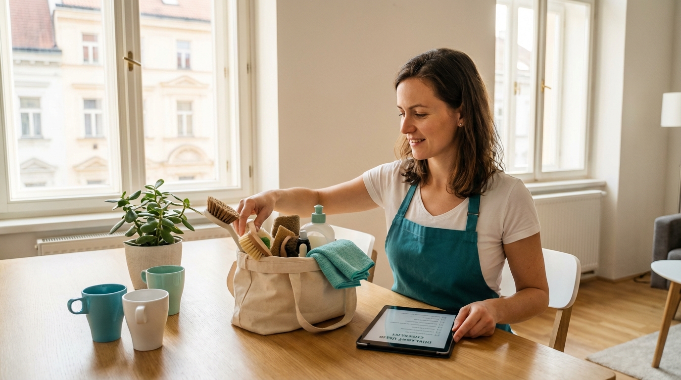 Žena připravuje čisticí potřeby a kontroluje checklist na tabletu ve světlém bytě.