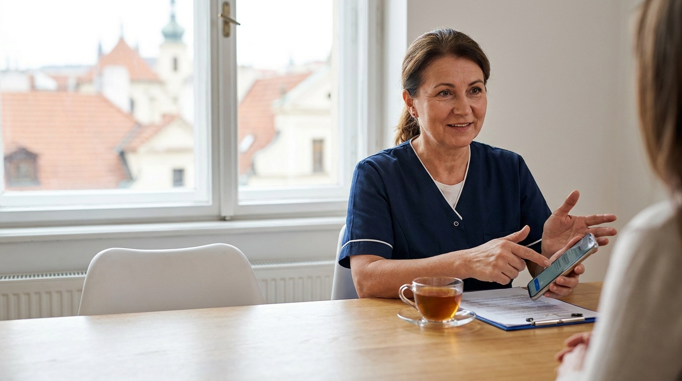 Úklidová profesionálka připravuje nabídku pro klienta na telefonu