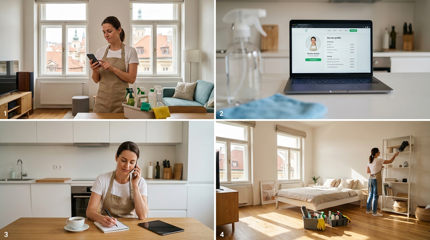 Profesionální uklízečka v moderním bytě kontroluje zakázky na telefonu