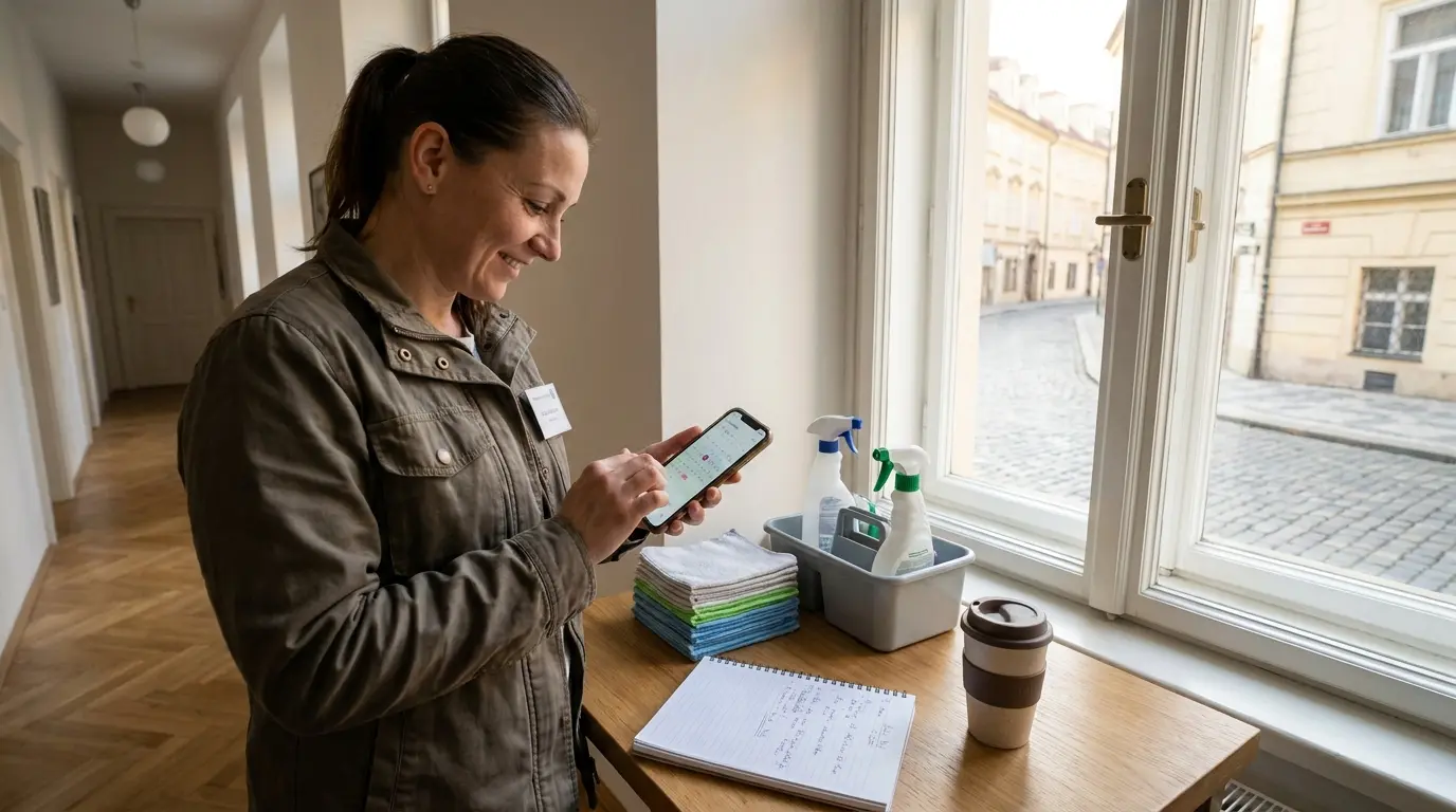 Uklízečka potvrzuje termín zakázky v mobilu vedle připravených úklidových prostředků a poznámek.