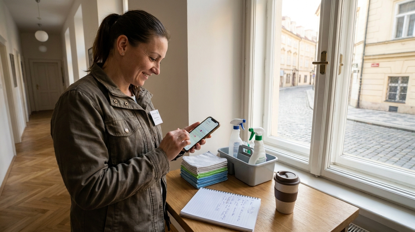 Uklízečka potvrzuje termín zakázky v mobilu vedle připravených úklidových prostředků a poznámek.