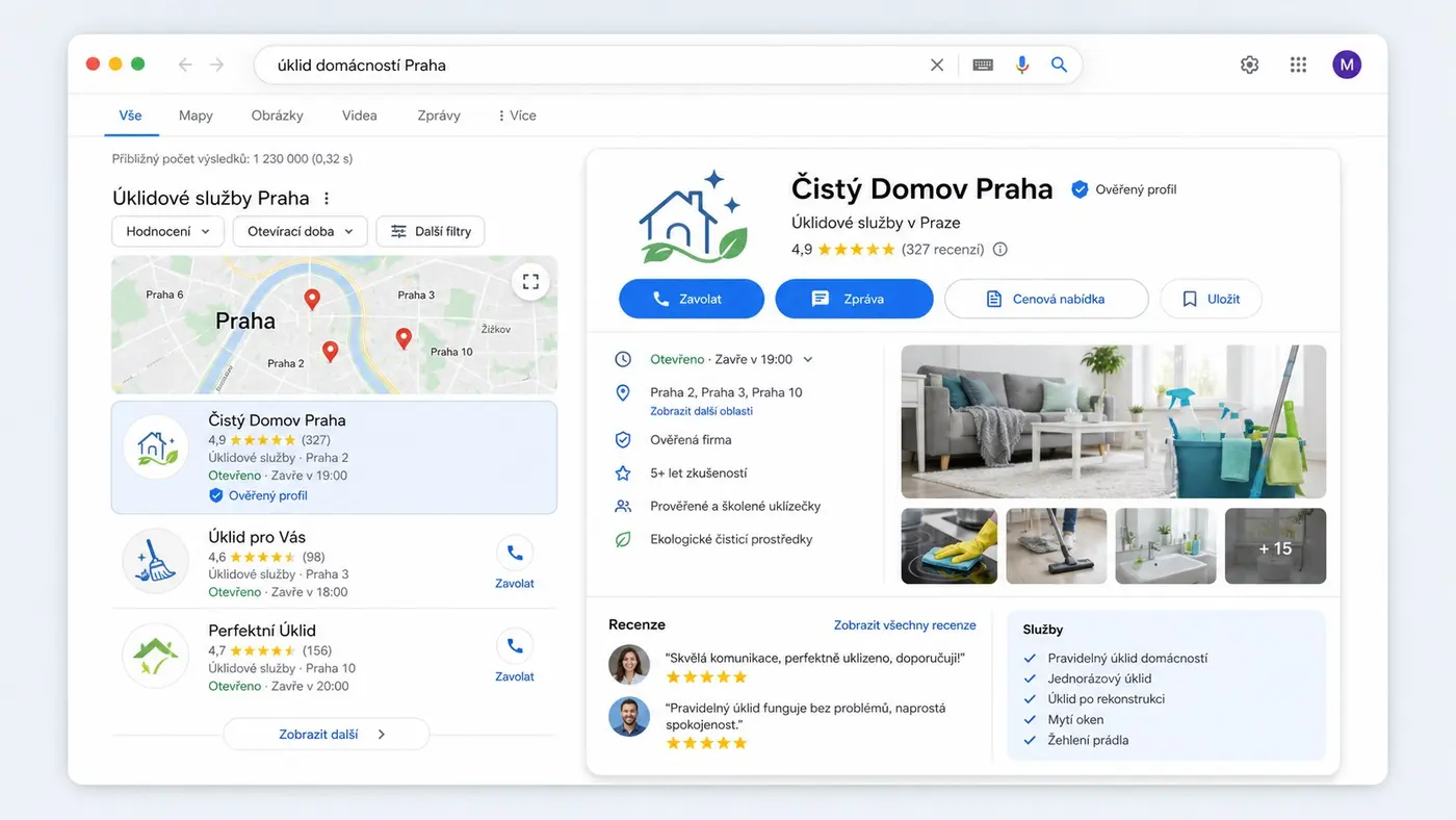 Chytrý telefon s mapou a místním vyhledáváním pro lokální SEO úklidové služby.