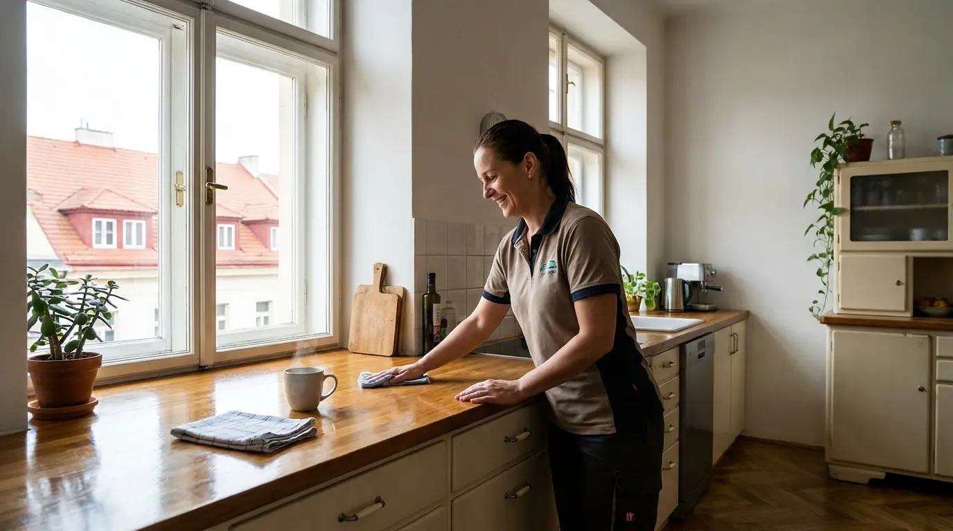 Jak získat pravidelné klienty na úklid po první zakázce Profesionální uklízečka v světlé pražské kuchyni po dokončeném úklidu
