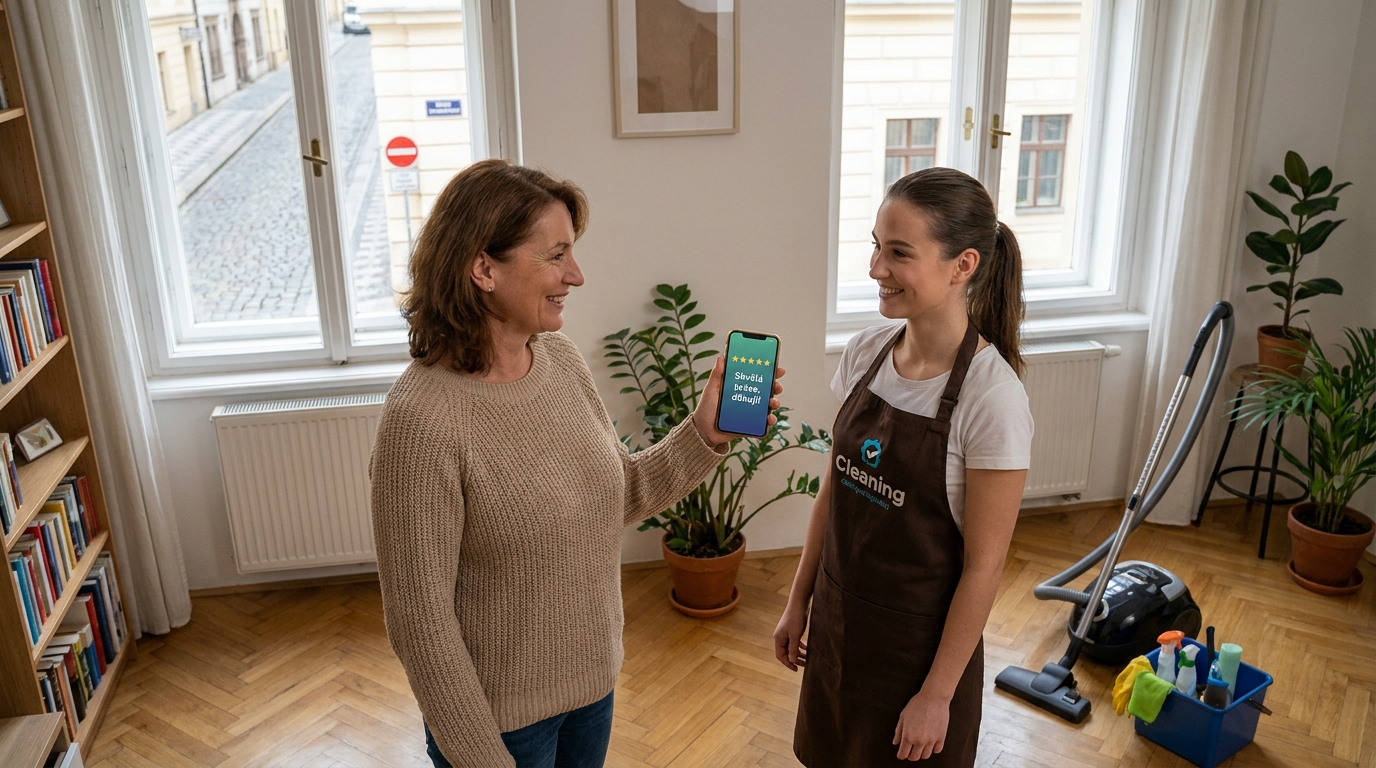 Spokojená klientka ukazuje recenzi po pravidelném úklidu v obýváku