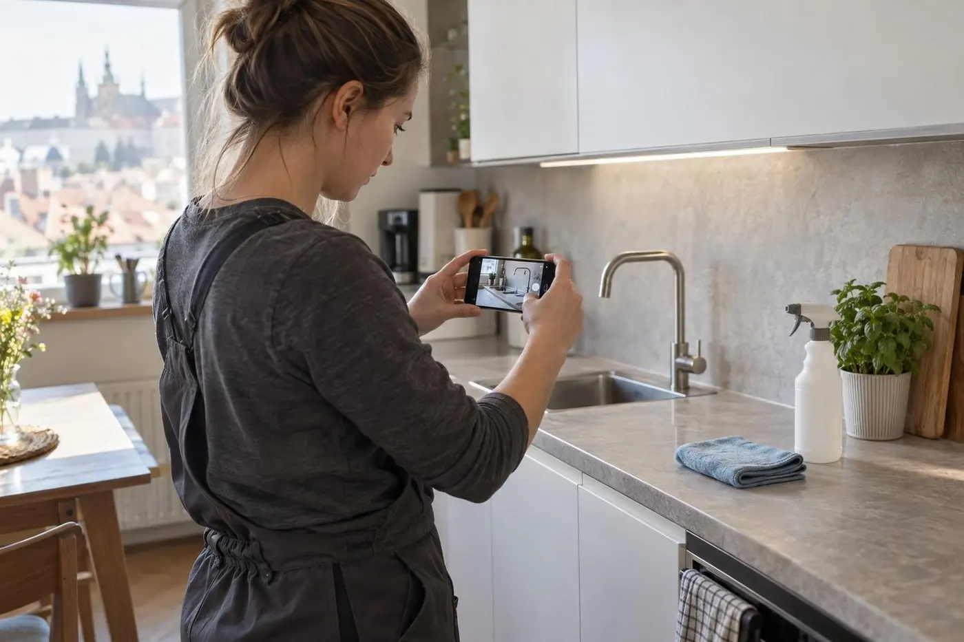 Uklízečka dokumentuje mobilem vyčištěný detail kuchyně ve světlém pražském bytě.