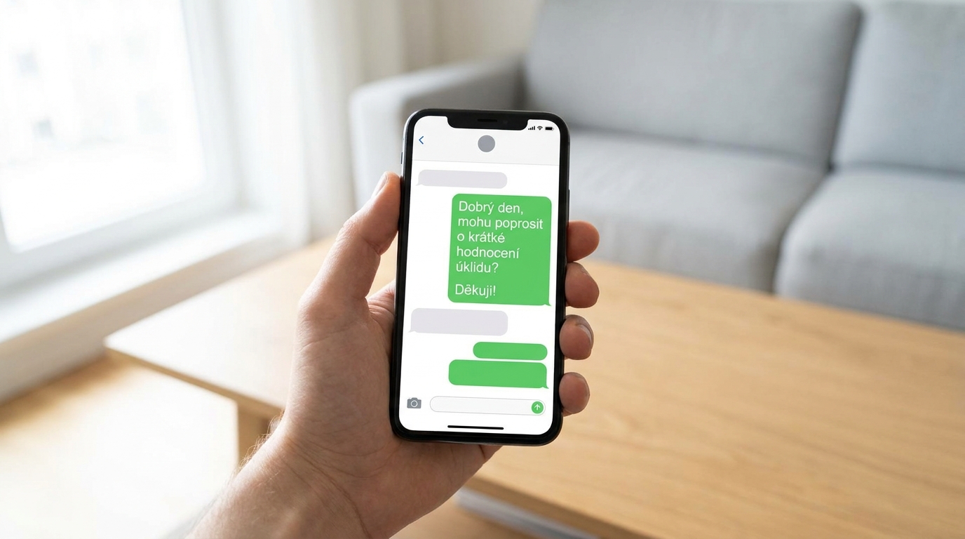 Krátká zpráva s odkazem na recenzi otevřená ve WhatsAppu na telefonu