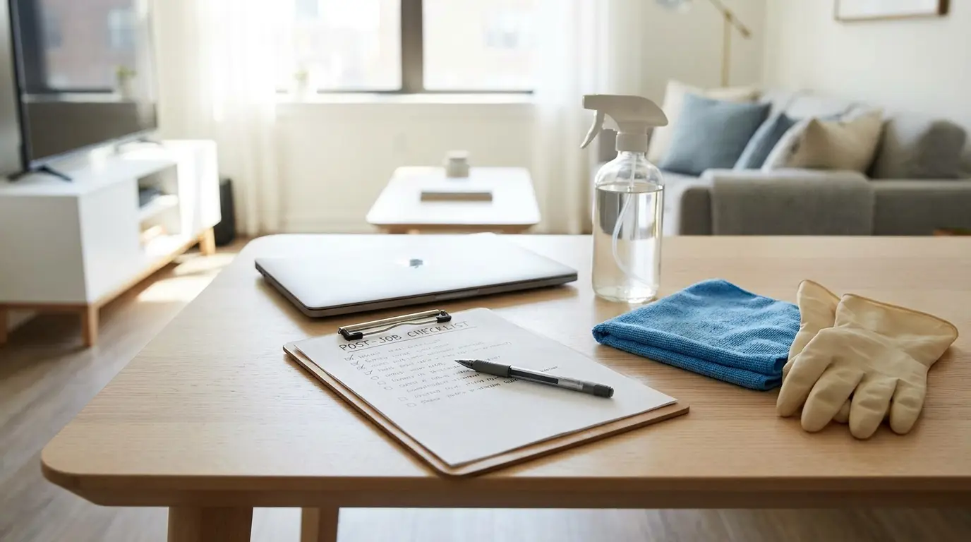 Jednoduchý checklist po zakázce vedle notebooku a úklidových pomůcek