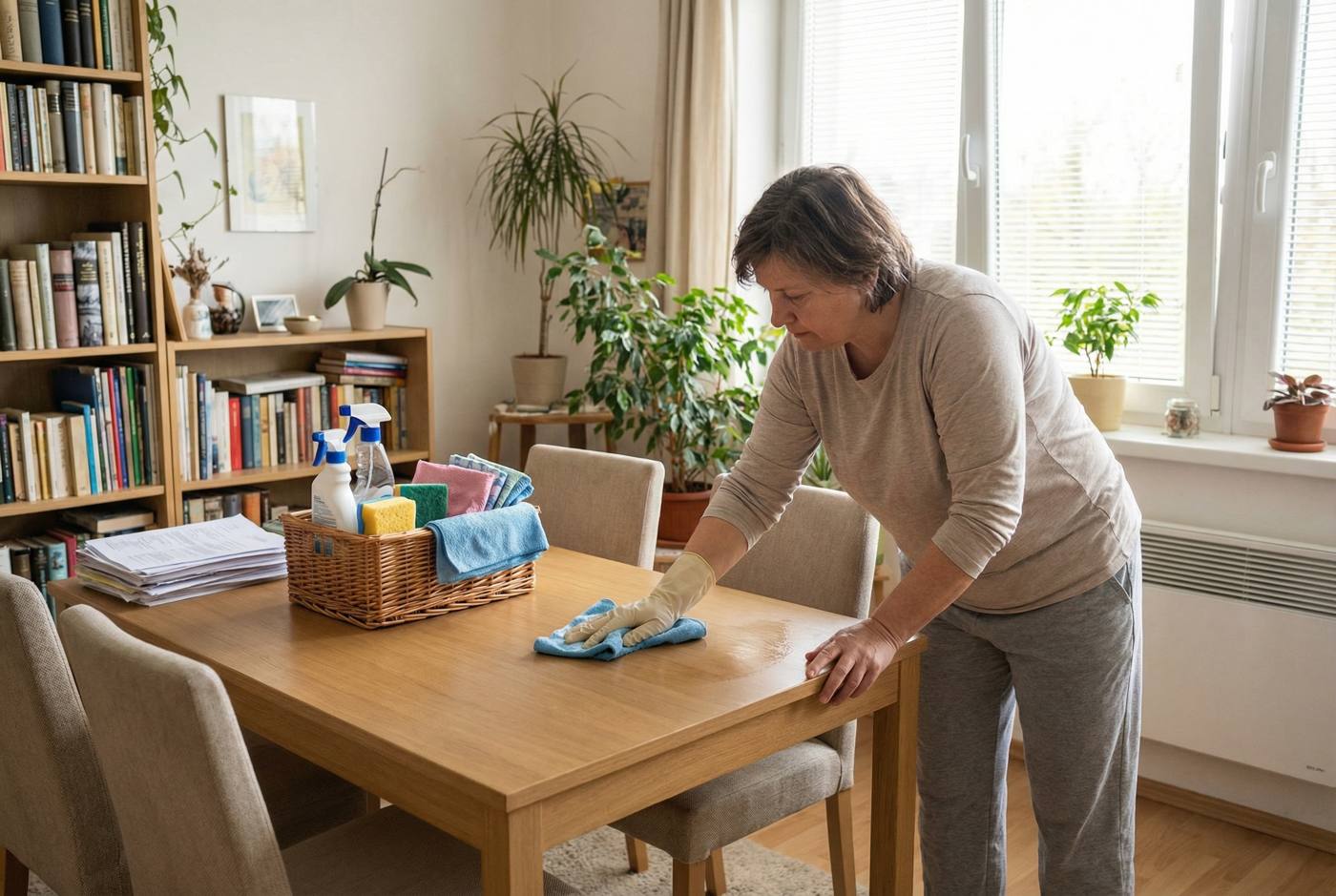 Jarní úklid v běžném českém bytě: člověk utírá jídelní stůl při denním světle, kolem jsou košík a úklidové pomůcky v používání.