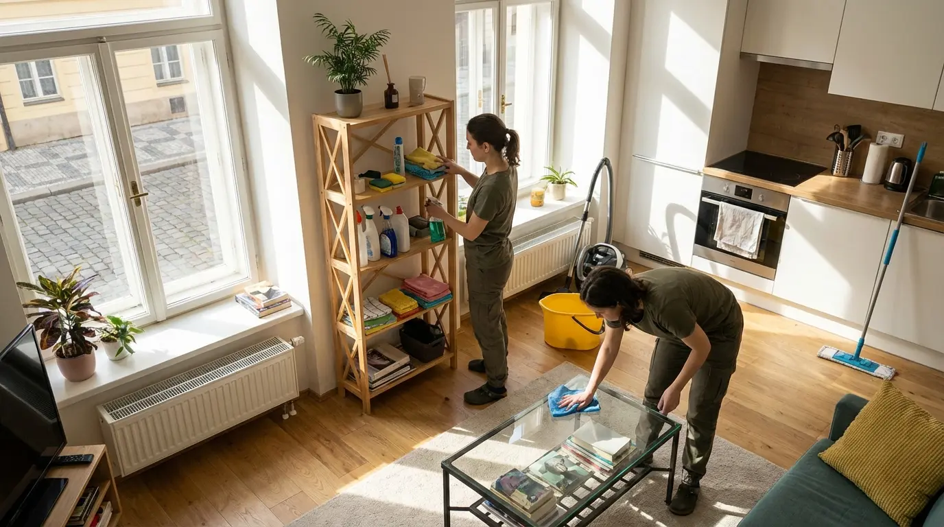 Spring cleaning without burnout Jarní úklid v moderním českém bytě - světlý interiér připravený na sezónní hloubkové čištění.