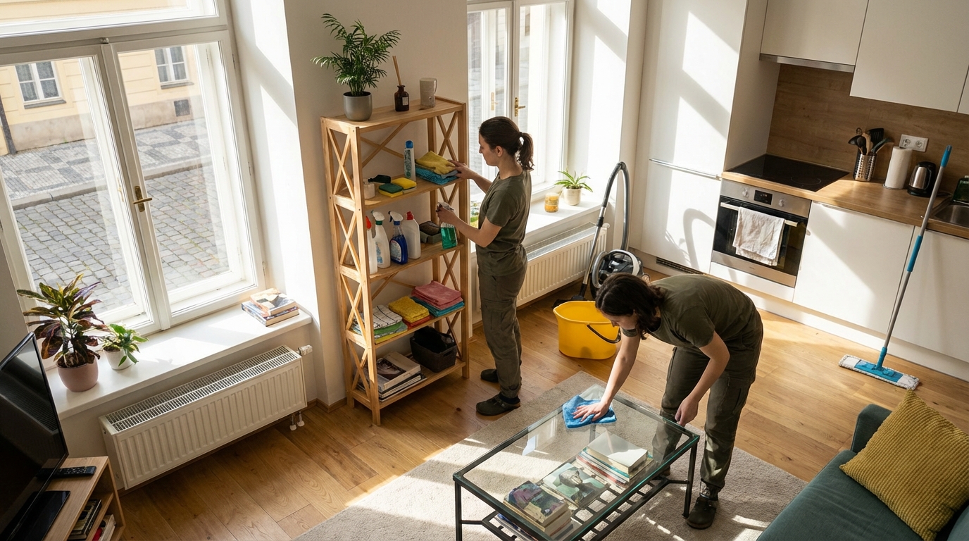 Jarní úklid v moderním českém bytě - světlý interiér připravený na sezónní hloubkové čištění.