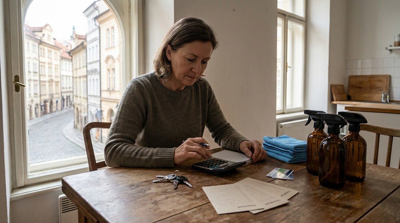 Uklízečka u stolu v pražském bytě počítá minimální cenu zakázky vedle úklidových pomůcek.