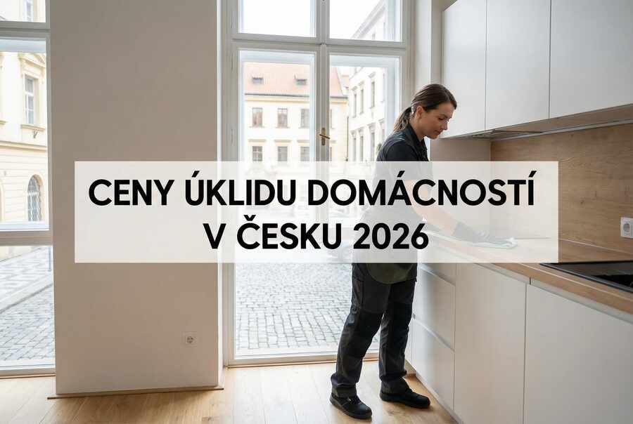 Profesionální uklízečka při práci v moderním českém bytě