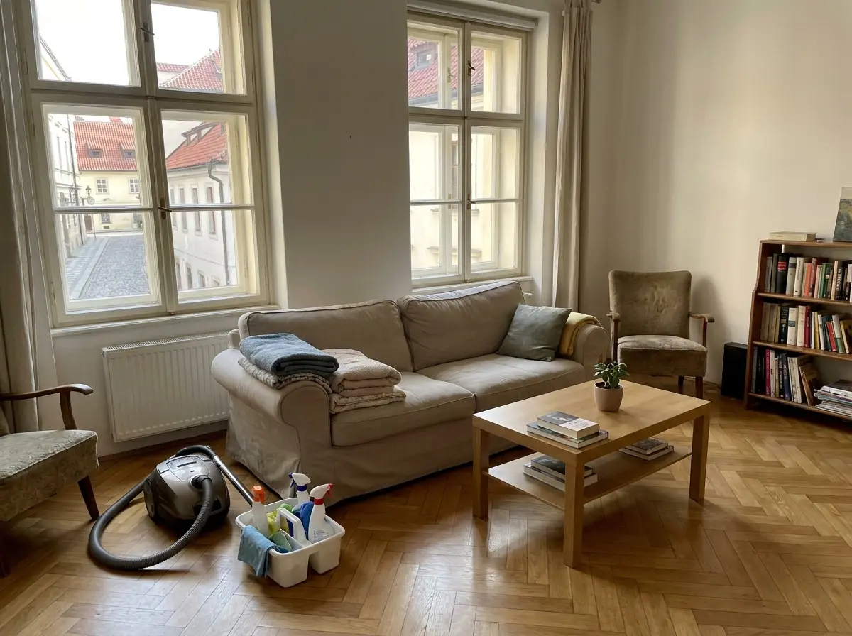 Udržovaný obývací pokoj po pravidelném úklidu