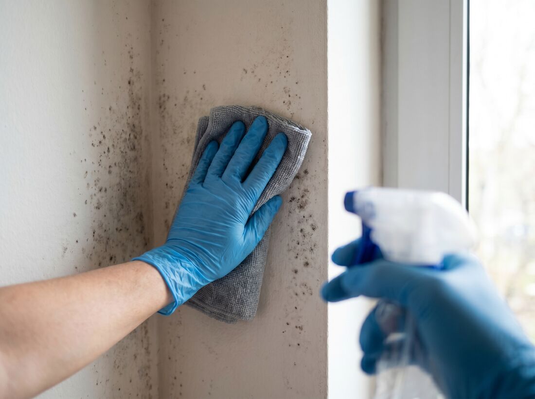 A gloved hand carefully cleans a small mold patch on the wall with a suitable product.