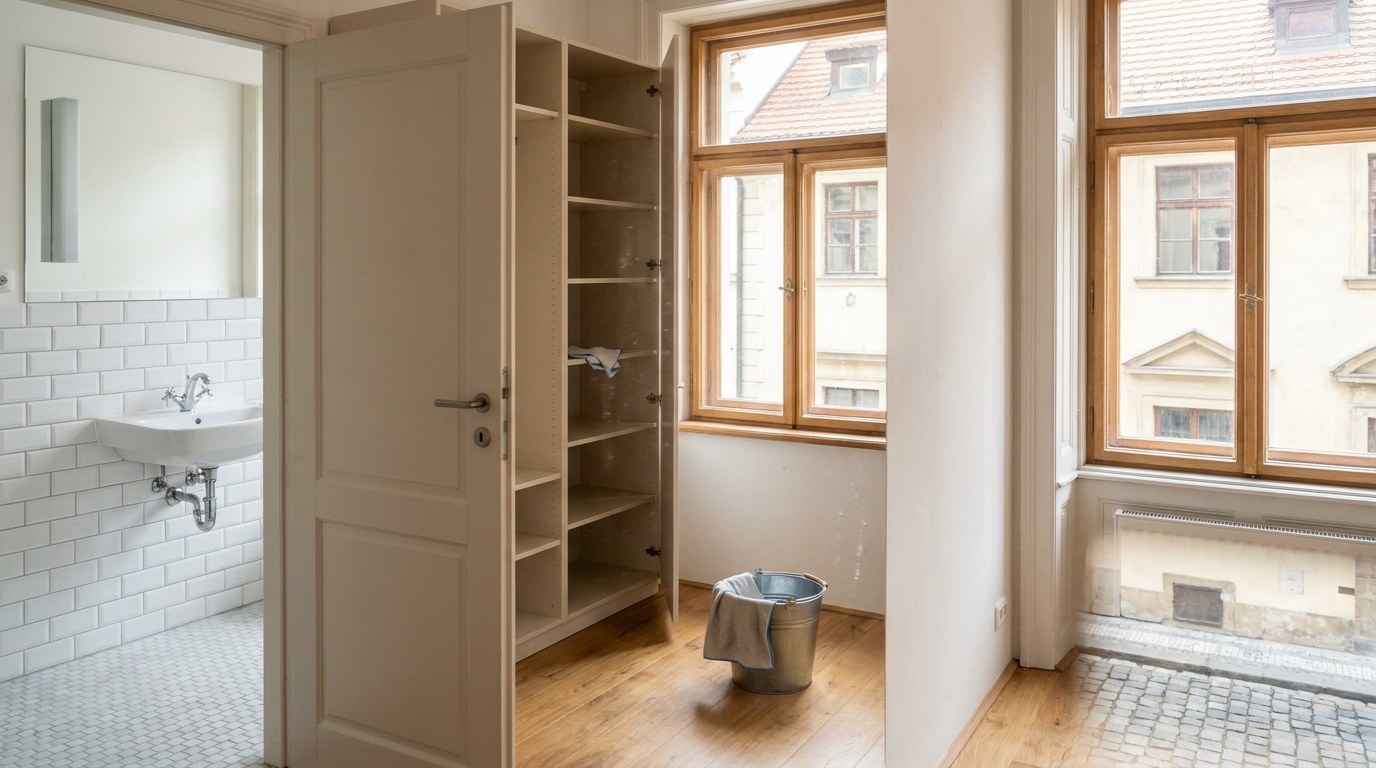 Wardrobe interiors and bathroom surfaces cleaned before moving in