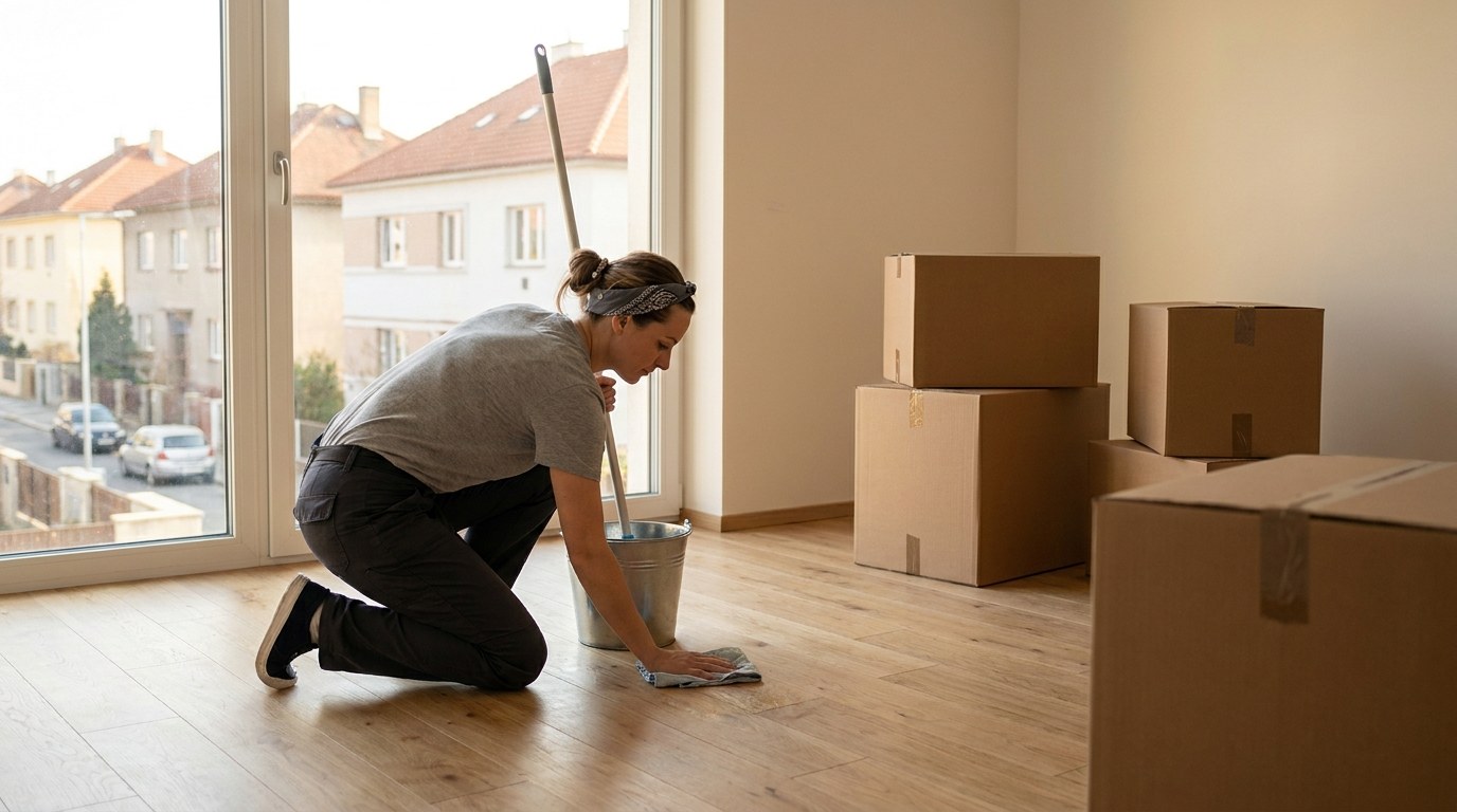 Professional cleaner preparing an empty flat for move-in