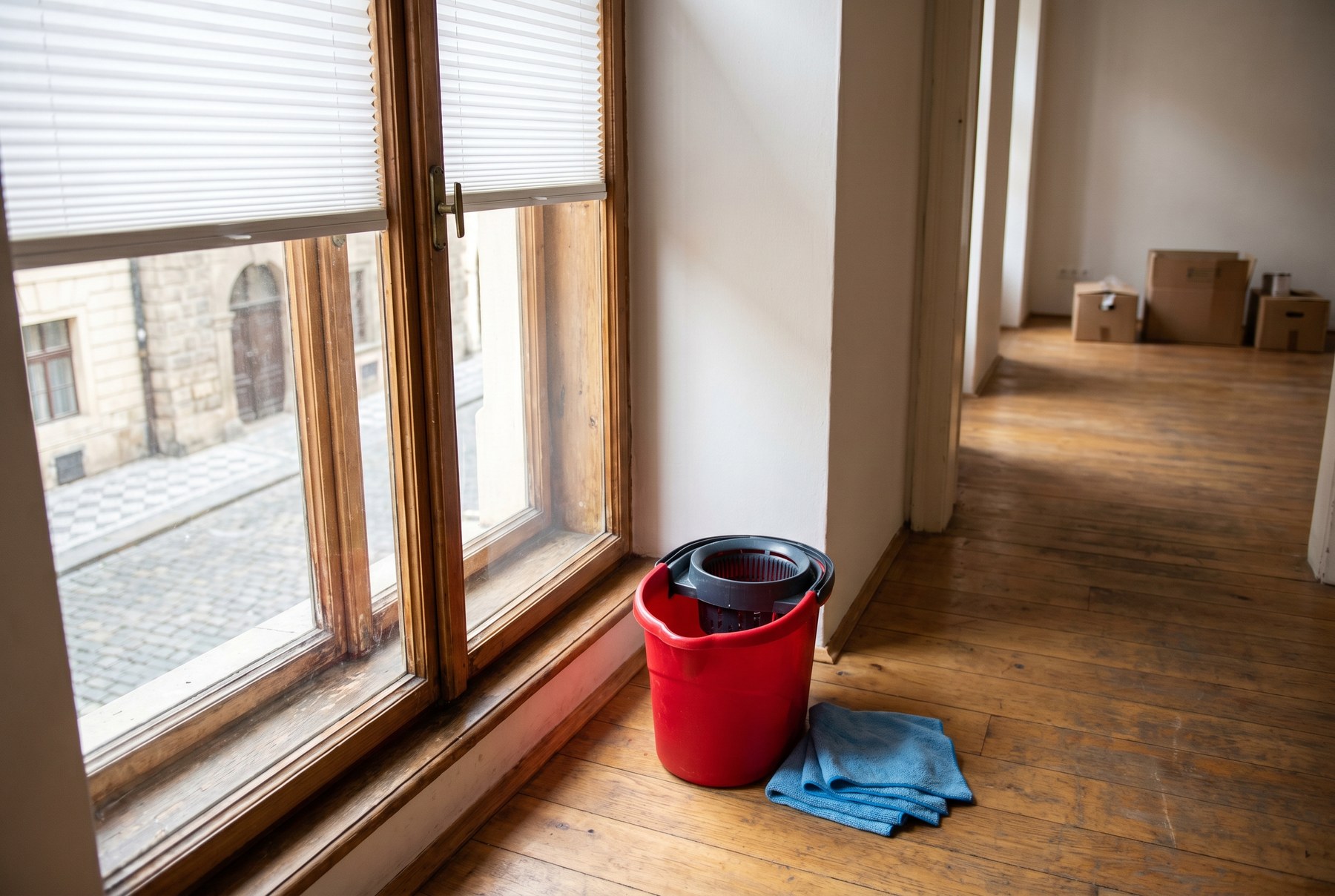 Empty rental apartment prepared for handover with cleaning tools near the windows