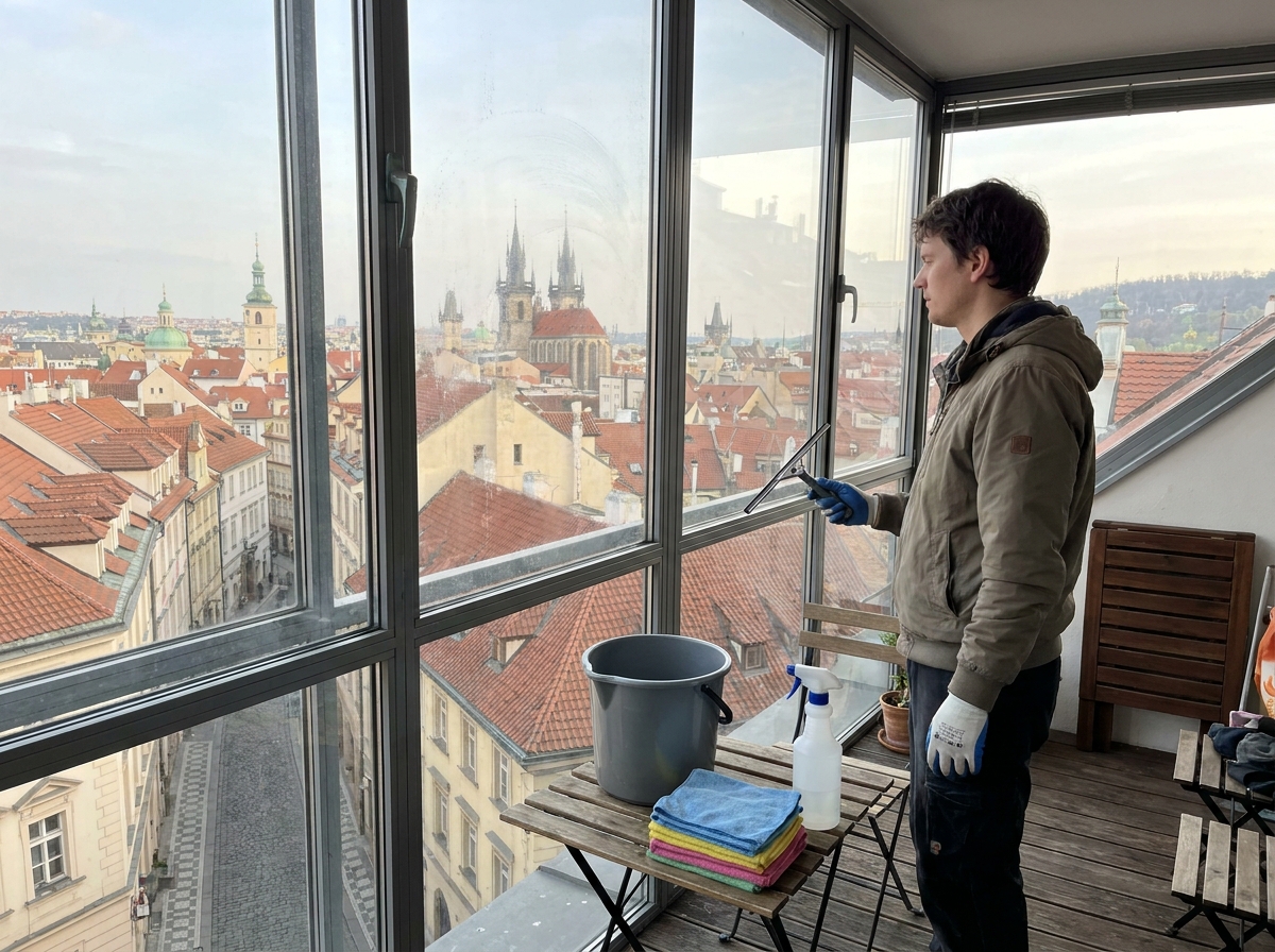 Balkonové dveře a terasa po zimě