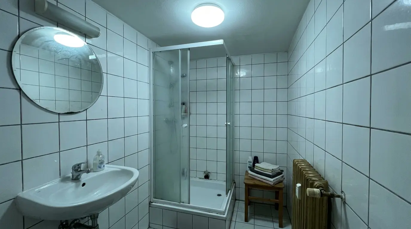 Mold in bathroom after winter Malá koupelna v pražském bytě po zimě s kondenzací na zrcadle a tmavším místem u silikonu ve sprše.