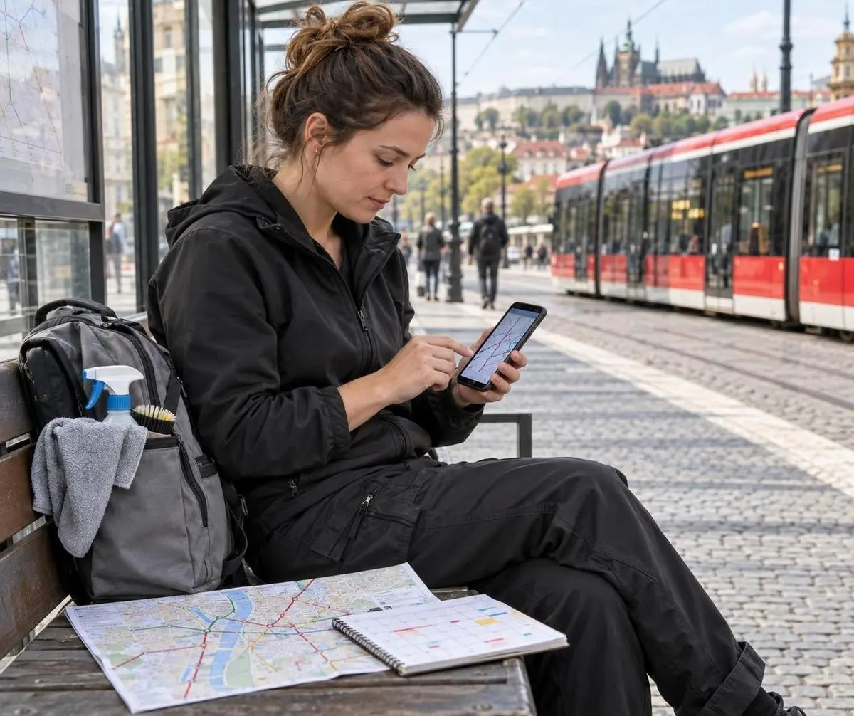 Uklízečka plánuje pracovní trasu na mobilu u zastávky pražské tramvaje