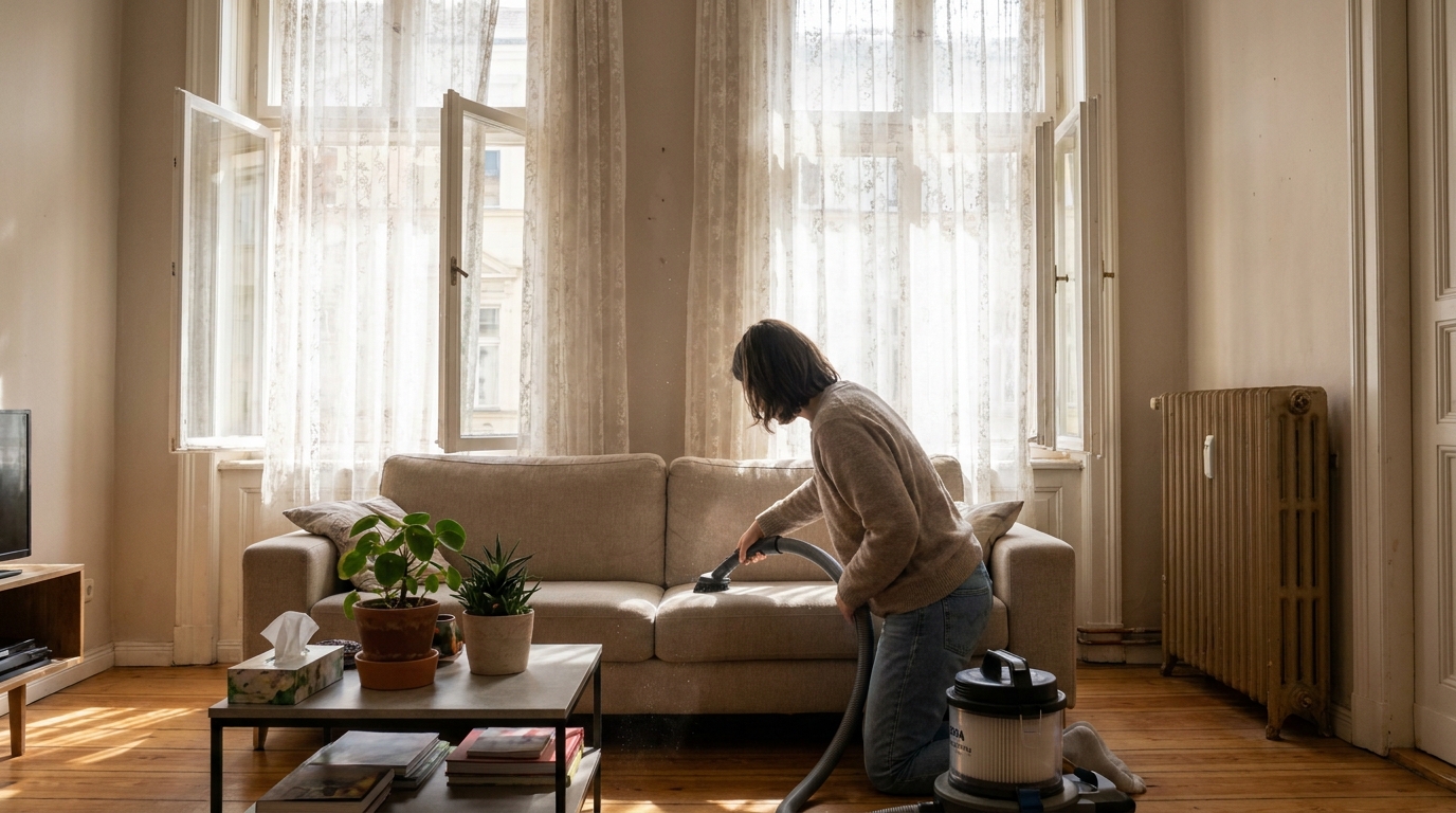 Vacuuming upholstery and curtains with a HEPA tool