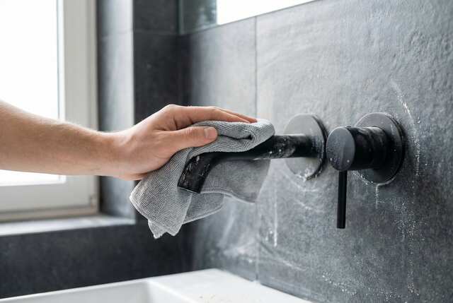 Delicate bathroom surface being cleaned carefully after renovation