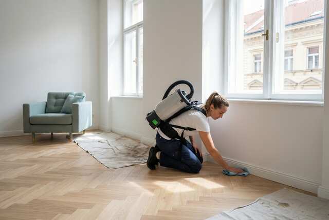 Professional cleaner doing final post renovation cleaning in a modern apartment