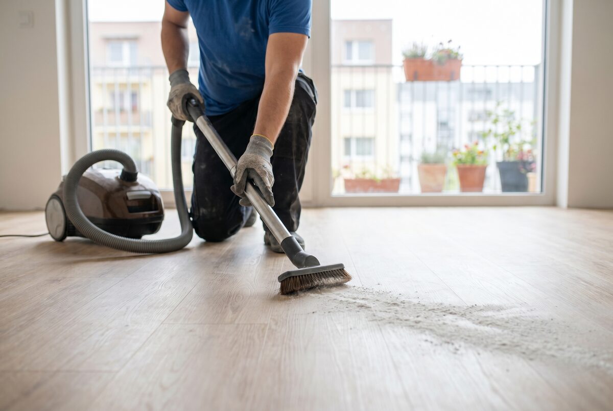 Vacuuming fine construction dust with a soft floor attachment in a renovated apartment