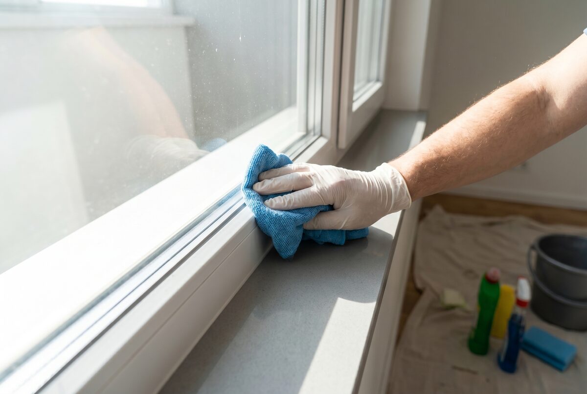 Cleaning a new window frame and sill carefully without streaks or scratches