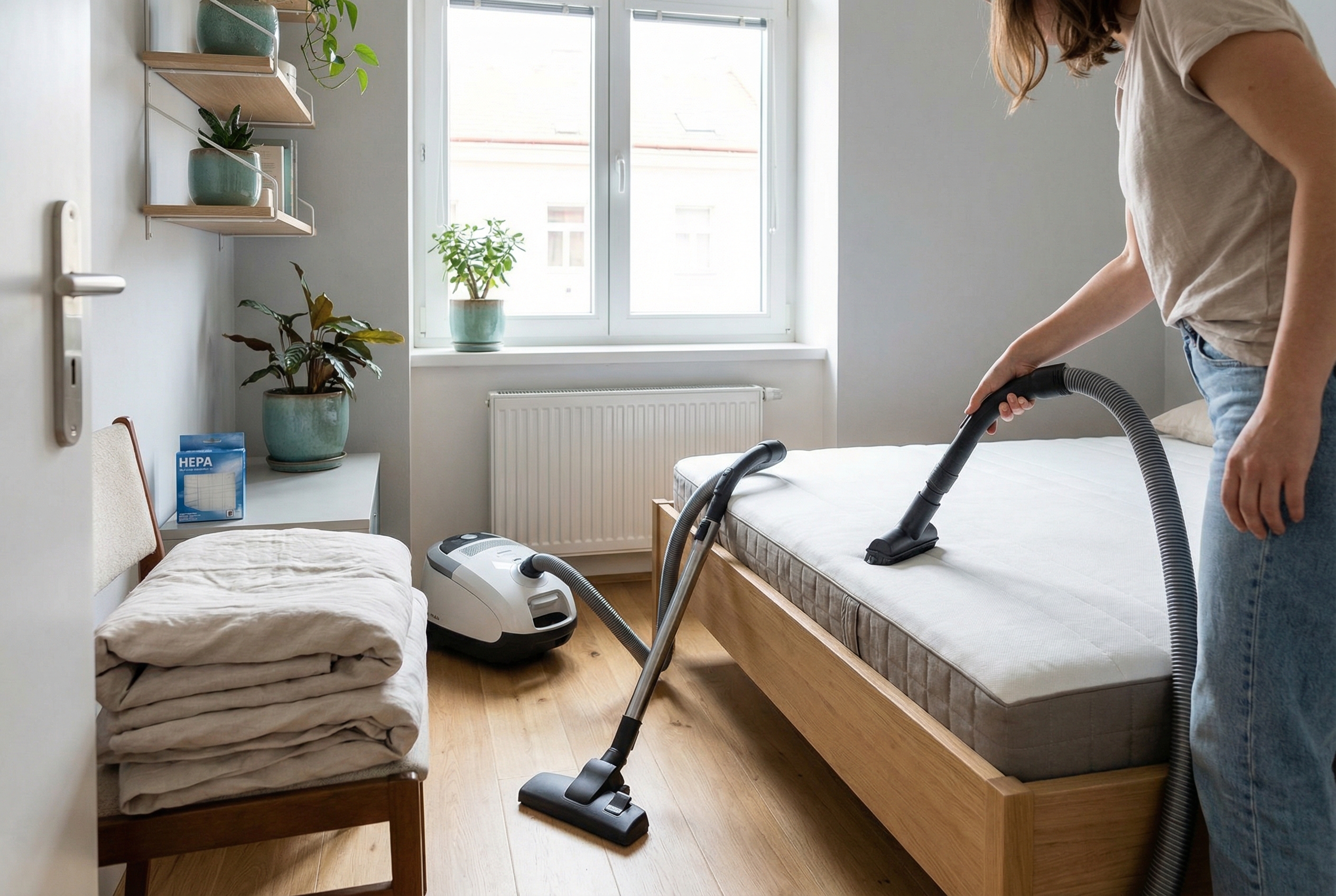 HEPA vysavač čistí matraci v ložnici, kde se drží prach a roztoči