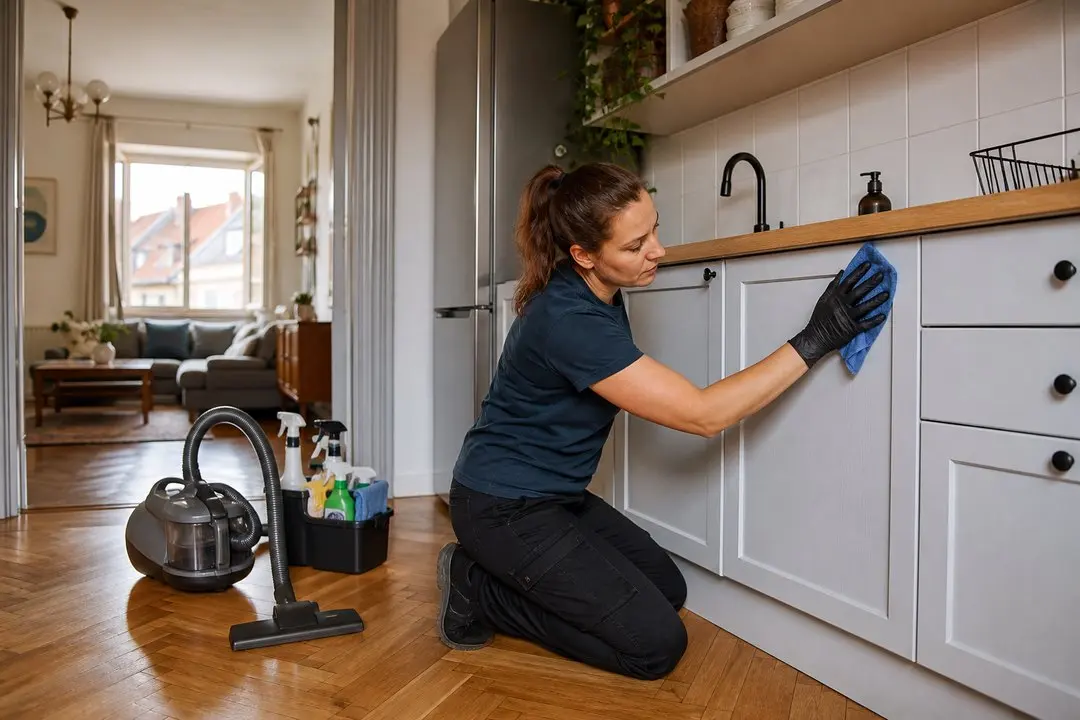 Uklízečka při obnovovací návštěvě pečlivě čistí čela kuchyňských skříněk.