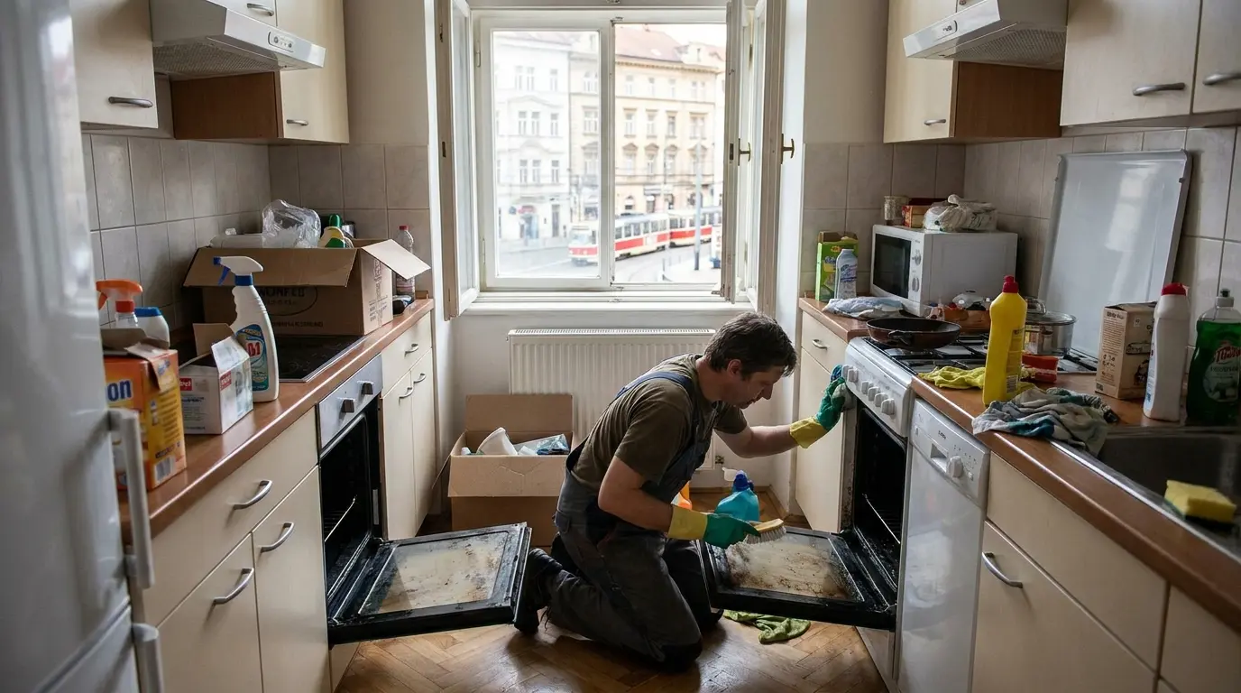 Detail čištění trouby a kuchyňské linky při předávacím úklidu bytu