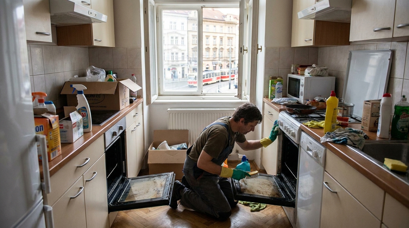 Detail čištění trouby a kuchyňské linky při předávacím úklidu bytu