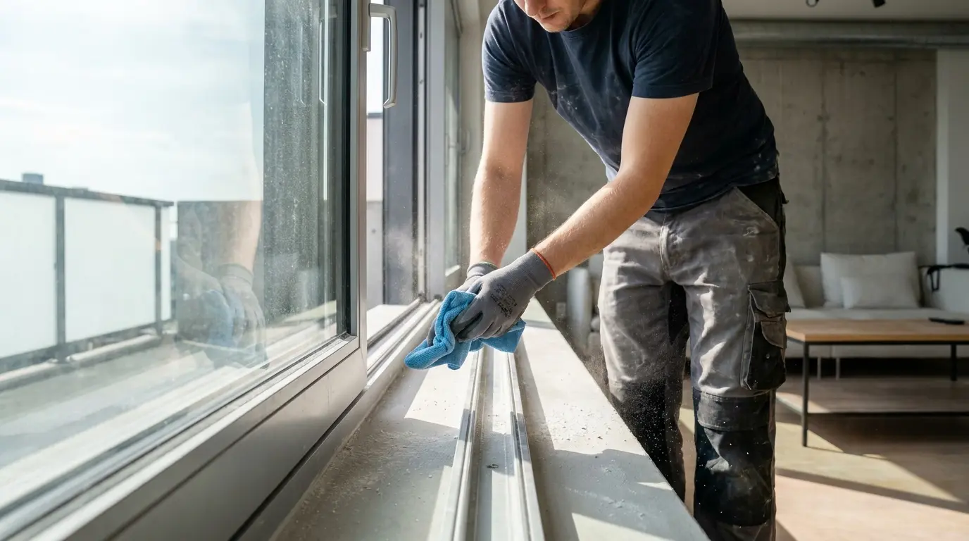 Close detail of cleaning a dusty window track and frame after renovation work.