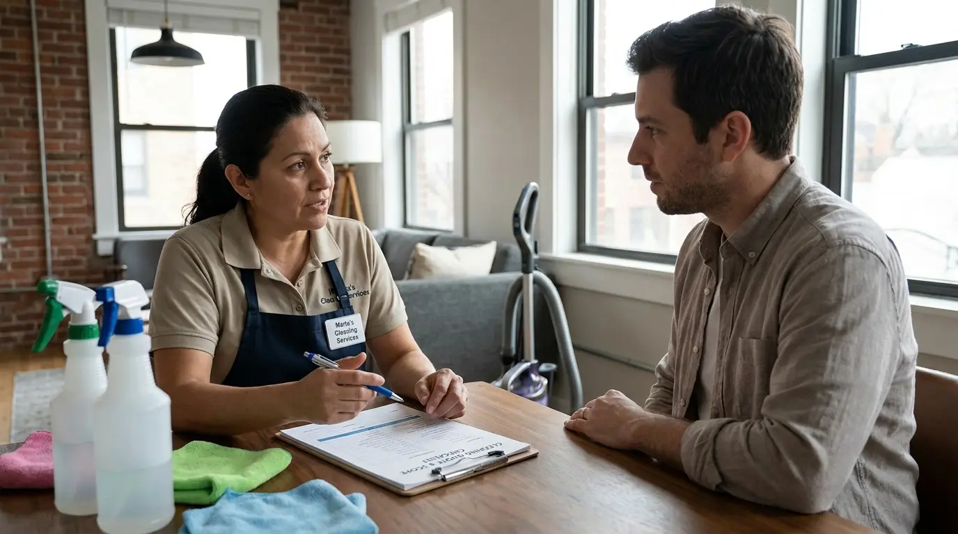 A cleaning professional explains the quote structure and scope of work to a client in a newly renovated flat.