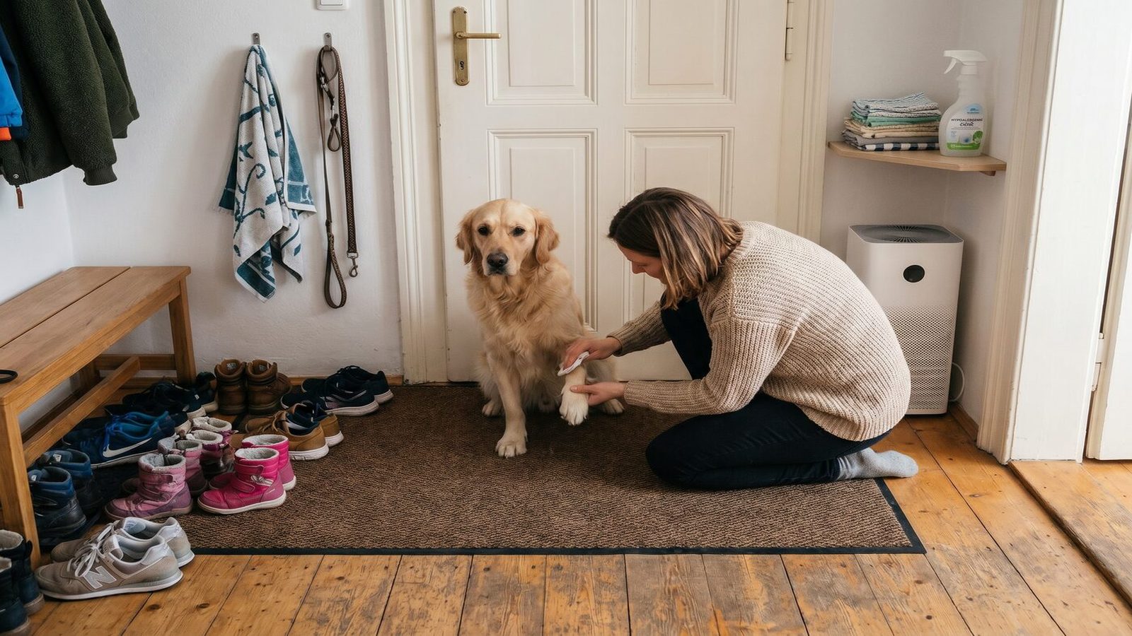 Profesionální uklízečka se chystá na hloubkový úklid rodinného bytu s vysavačem a vybavením.