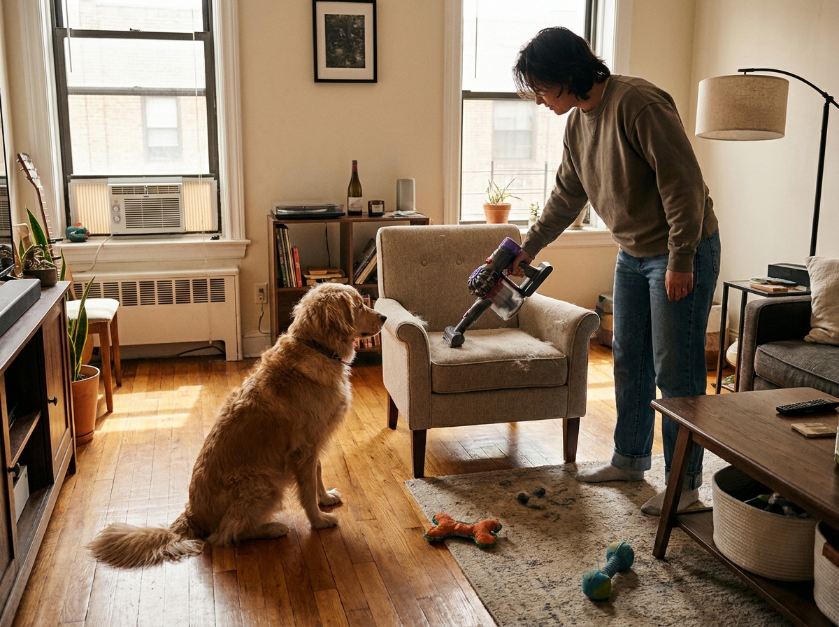 Vacuuming pet hair in a living room with a dog nearby