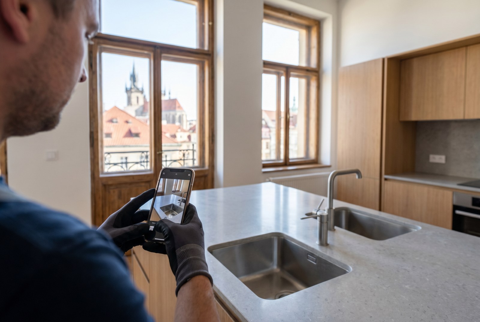 Pracovnice pořizuje fotodokumentaci vyčištěné kuchyňské plochy bez osobních věcí v záběru