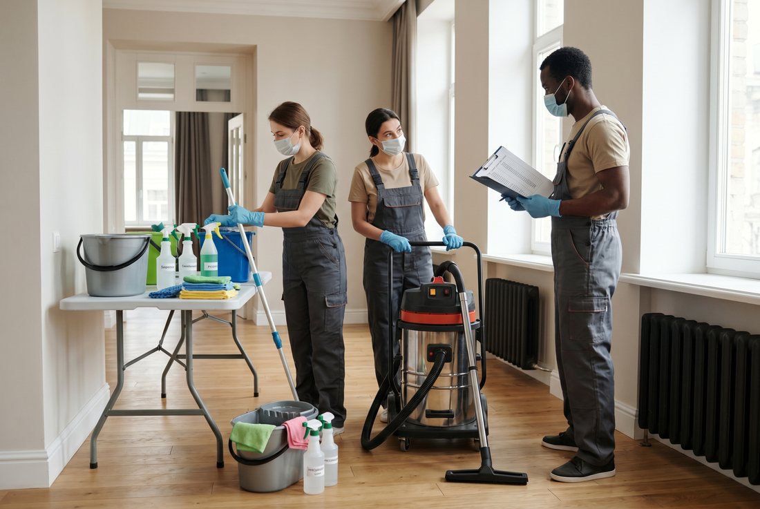 A professional cleaning company team prepares equipment for a larger home cleaning job