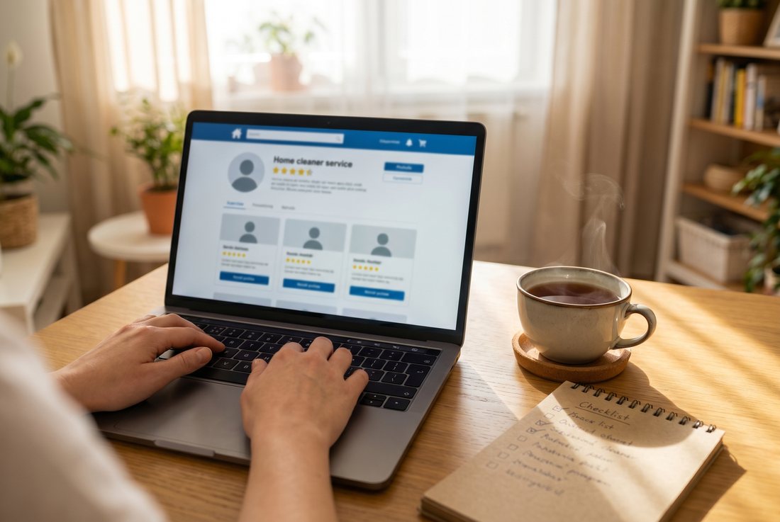 A cleaner profile being reviewed on a laptop with a checklist nearby