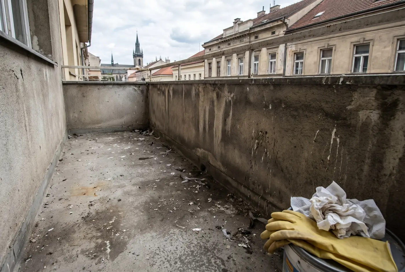 Dampened balcony surface before safe post-winter cleaning