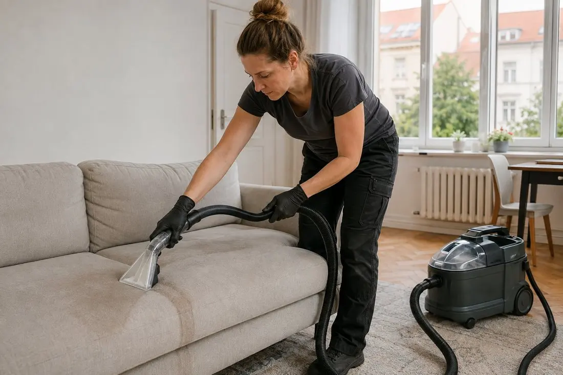 Uklízečka tepovací hubicí hloubkově čistí světlou sedačku v pražském bytě.