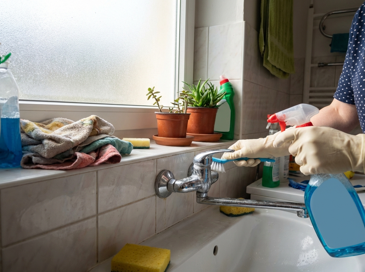 Bathroom cleaning detail with limescale removal