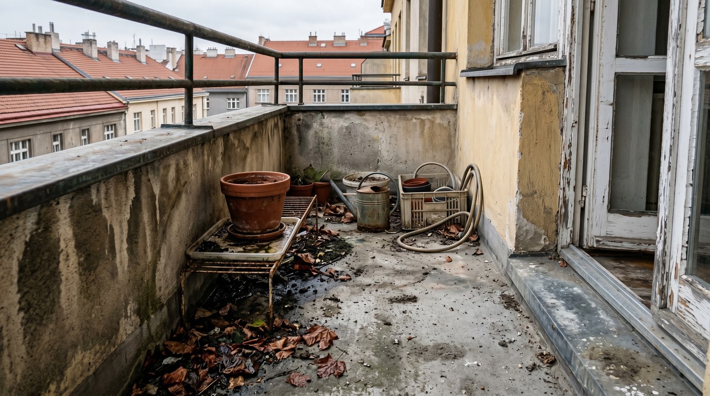 Winter residue and pollen on a small city balcony